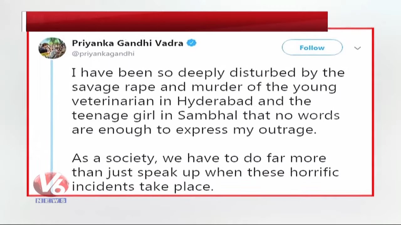 Priyanka Gandhi Reacts In Twitter Over Hyderabad And UP Incident