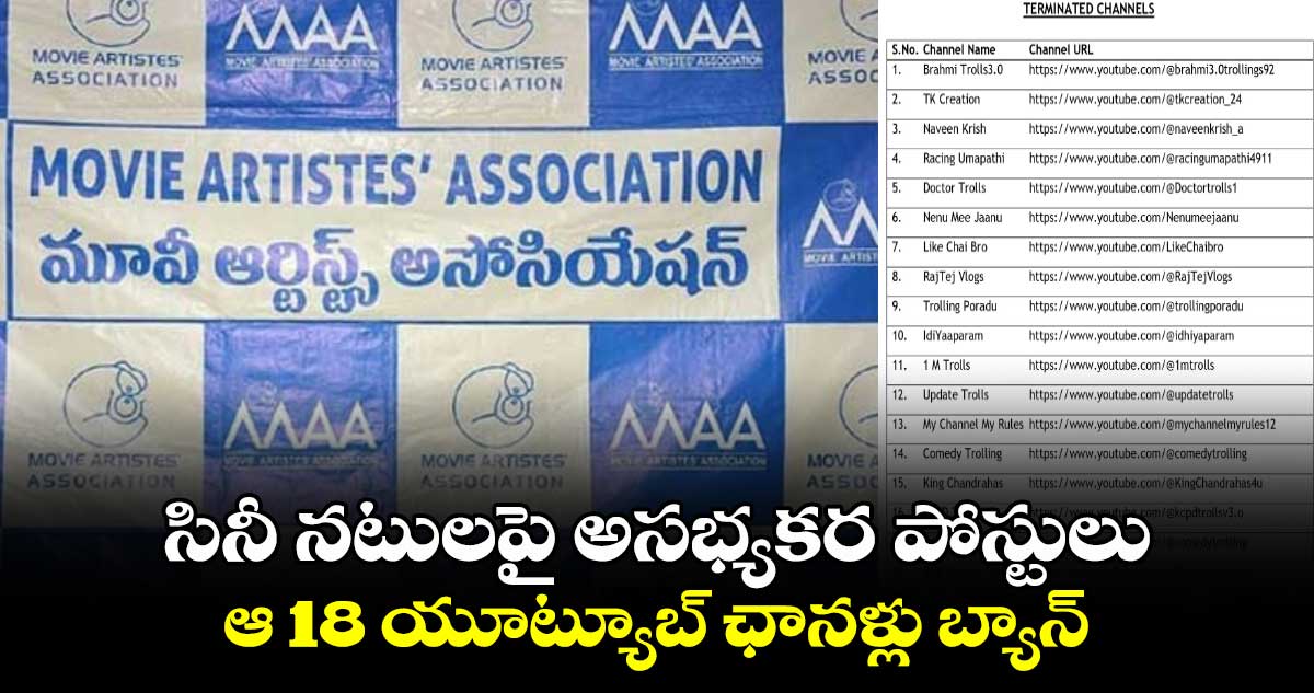 MAA: సినీ నటులపై అసభ్యకర పోస్టులు..ఆ 18 యూట్యూబ్ ఛానళ్లు బ్యాన్