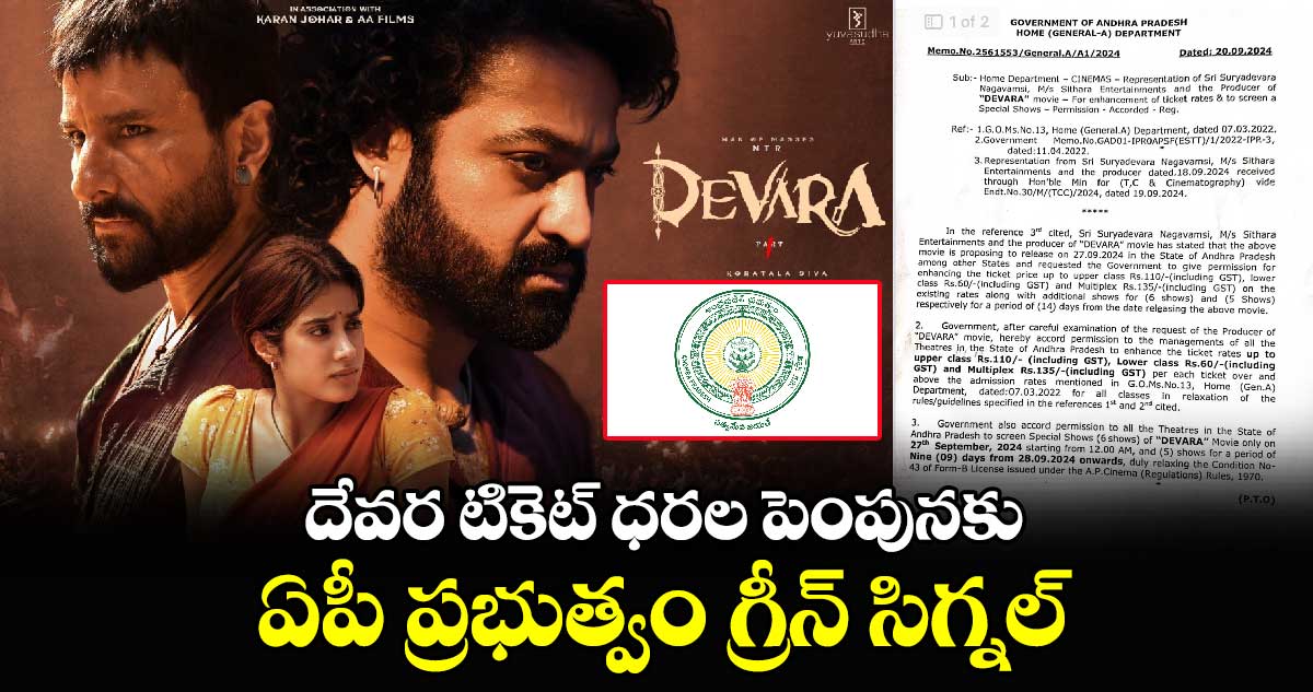 Devara Ticket Prices: దేవర టికెట్ ధరల పెంపునకు ఏపీ ప్రభుత్వం గ్రీన్ సిగ్నల్.. అర్థరాత్రి ఫస్ట్ షో..