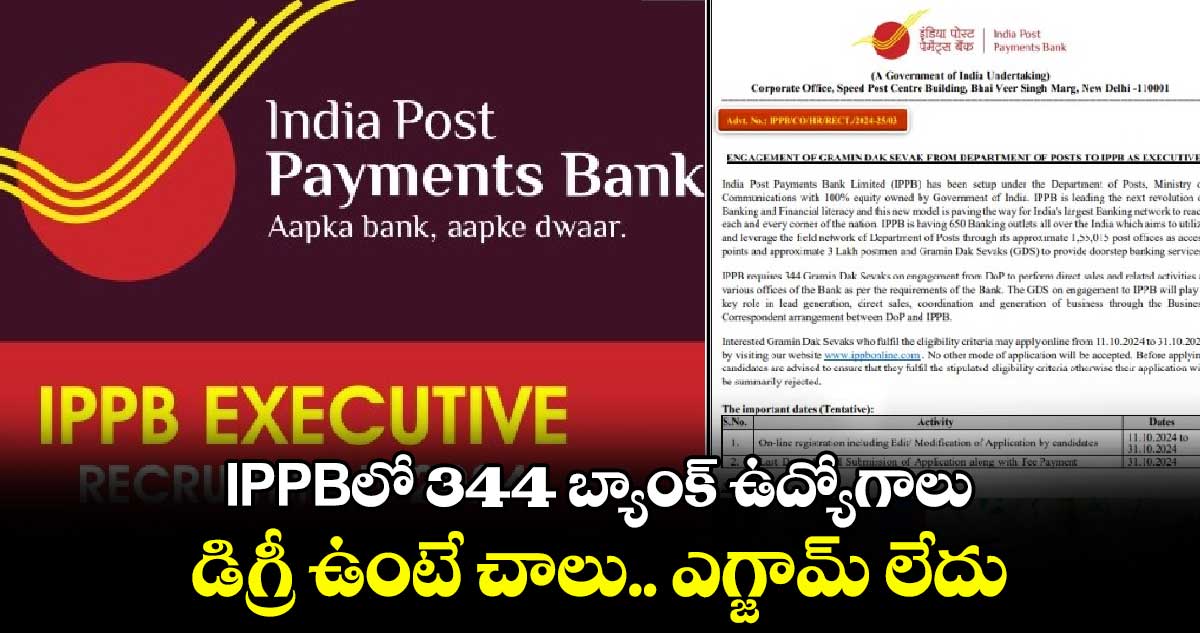 IPPBలో 344 బ్యాంక్ ఉద్యోగాలు : డిగ్రీ ఉంటే చాలు.. ఎగ్జామ్ లేదు