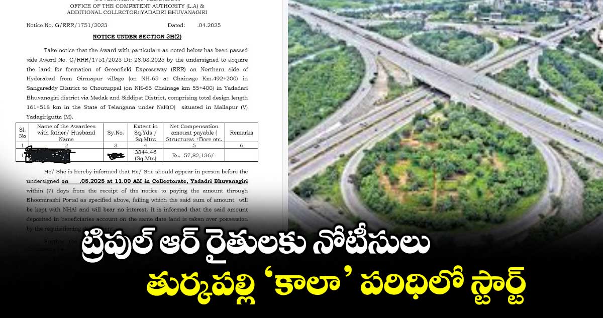 ట్రిపుల్​ ఆర్​ రైతులకు నోటీసులు..  తుర్కపల్లి ‘కాలా’ పరిధిలో స్టార్ట్​