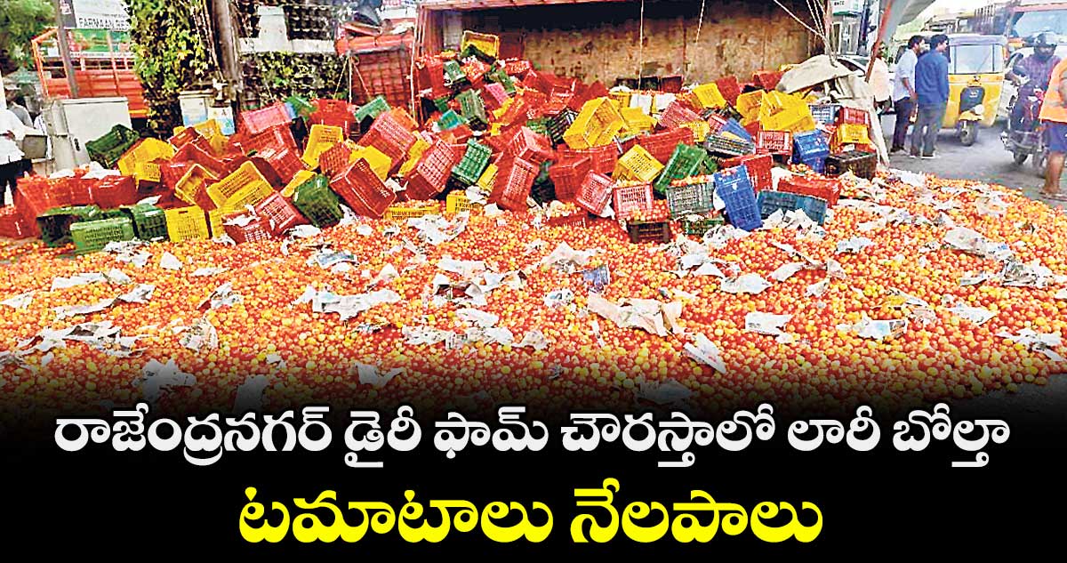 రాజేంద్రనగర్ డైరీ ఫామ్ చౌరస్తాలో లారీ బోల్తా.. టమాటాలు నేలపాలు