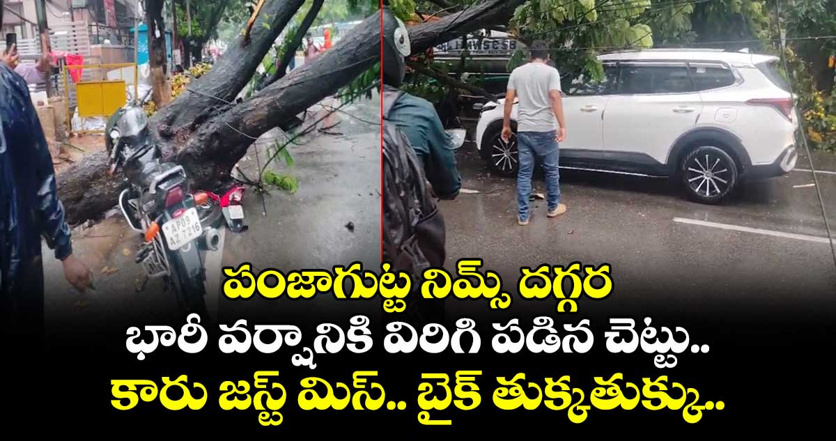 పంజాగుట్ట నిమ్స్ దగ్గర భారీ వర్షానికి విరిగి పడిన చెట్టు.. కారు జస్ట్ మిస్.. బైక్ తుక్కతుక్కు..