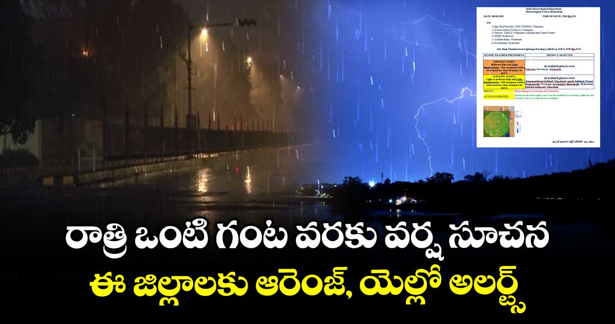 రాత్రి ఒంటి గంట వరకు వర్ష సూచన.. ఈ జిల్లాలకు ఆరెంజ్, యెల్లో అలర్ట్స్