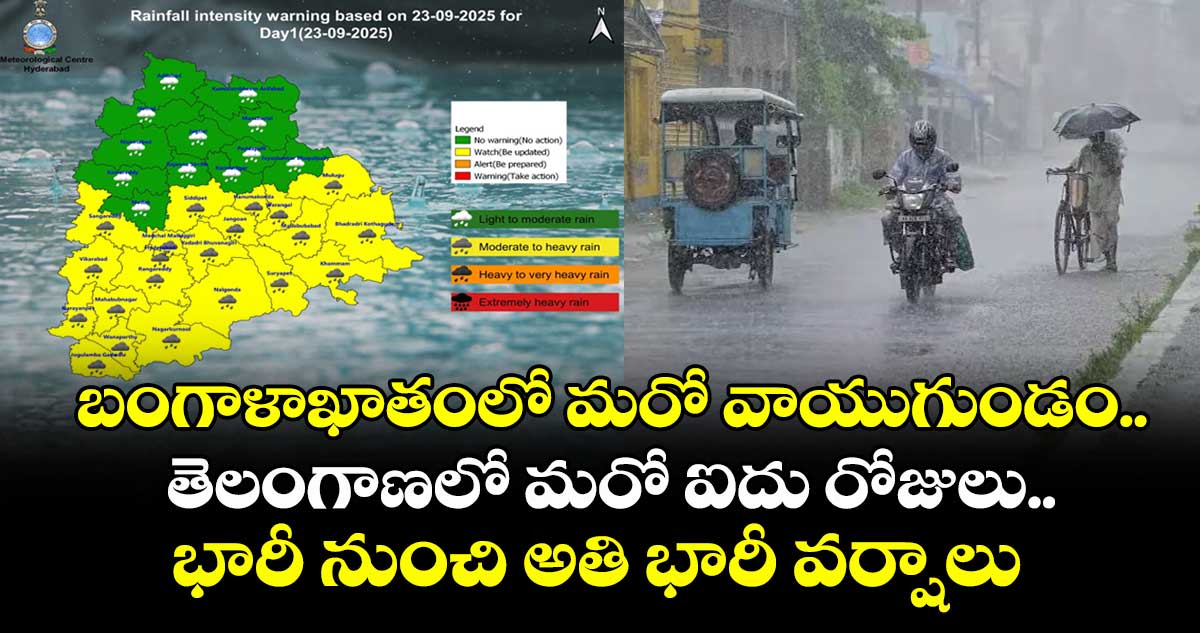 బంగాళాఖాతంలో మరో వాయుగుండం.. తెలంగాణలో మరో ఐదు రోజులు భారీ నుంచి అతి భారీ వర్షాలు 