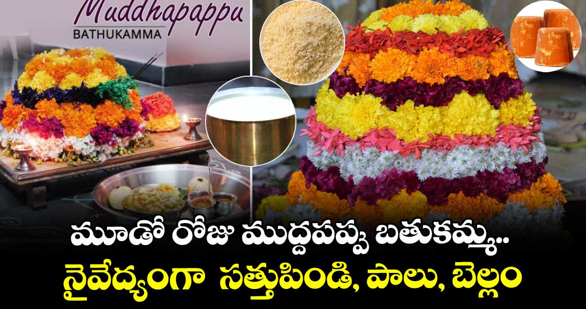 Bathukamma Special  :మూడో రోజు ముద్దపప్పు బతుకమ్మ..  నైవేద్యంగా  సత్తుపిండి, పాలు, బెల్లం