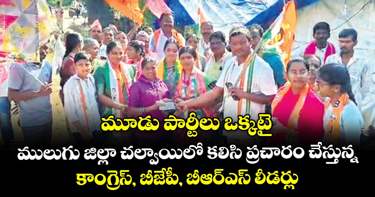 మూడు పార్టీలు ఒక్కటై..ములుగు జిల్లా చల్వాయిలో కలిసి ప్రచారం చేస్తున్న కాంగ్రెస్, బీజేపీ, బీఆర్‌‌‌‌ఎస్‌‌‌‌ లీడర్లు