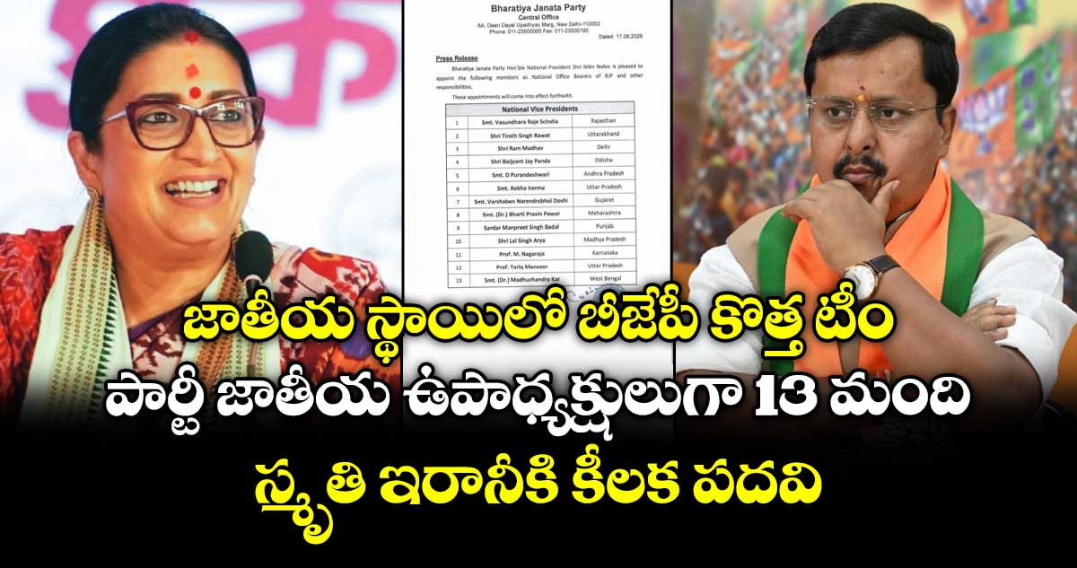 జాతీయ స్థాయిలో బీజేపీ కొత్త టీం.. పార్టీ జాతీయ ఉపాధ్యక్షులుగా 13 మంది.. స్మృతి ఇరానీకి కీలక పదవి
